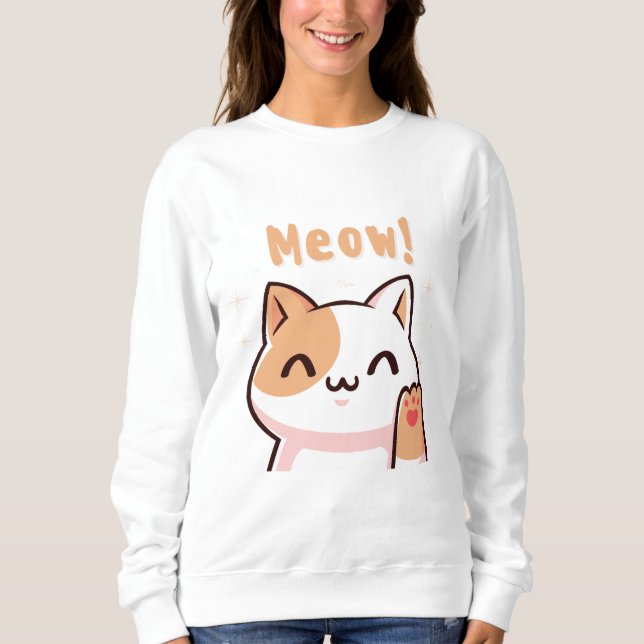 Niedliche Beige Katze mit Meow Text Illustration Sweatshirt (Vorderseite)