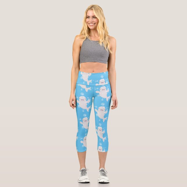 Niedliche Beluga-Wal-Blasen Cartoon-Abbildung Capri Leggings (Vorderseite)