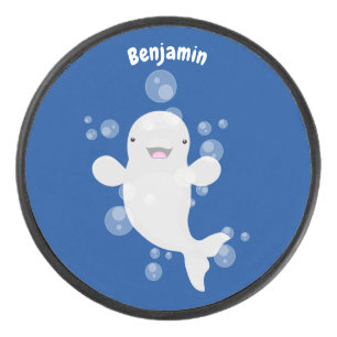 Niedliche Beluga-Wal-Blasen Cartoon-Abbildung Eishockey Puck