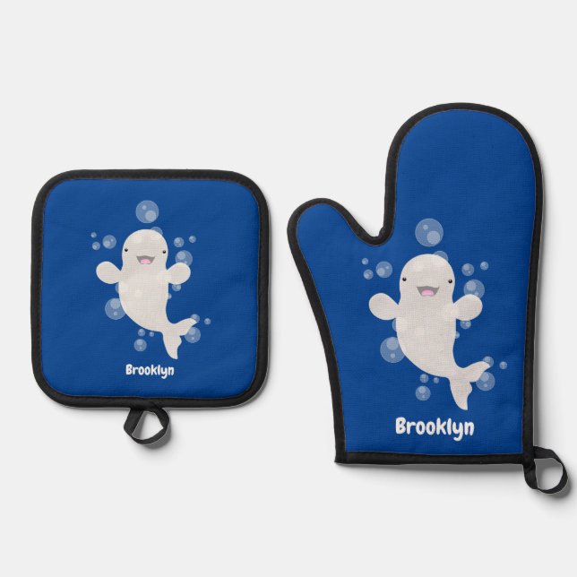 Niedliche Beluga-Wal-Blasen Cartoon-Abbildung Ofenhandschuh & Topflappen-Set (Vorderseite)