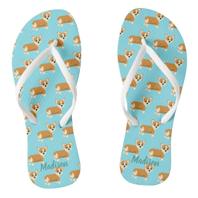 Niedliche benutzerdefinierte Corgi Aquamarin Flip Flops (Fußbett)