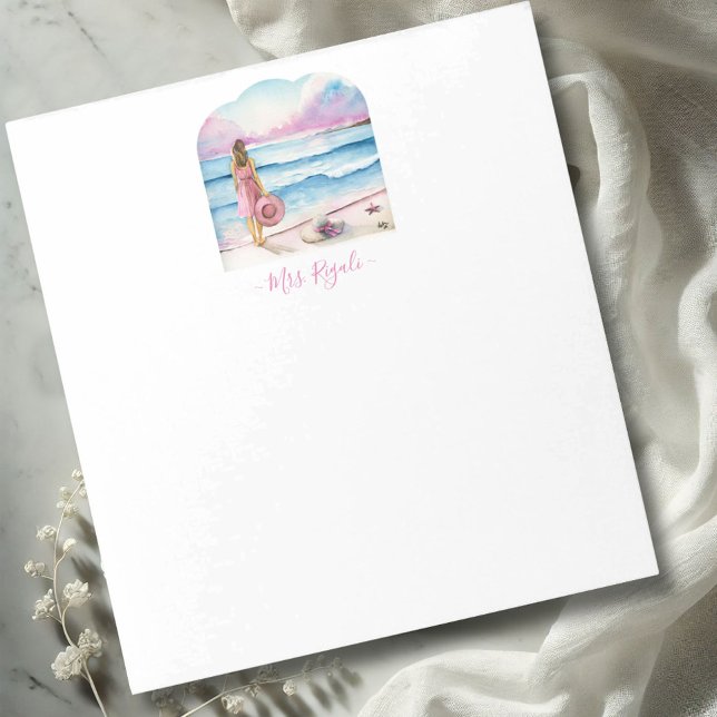 Niedliche benutzerdefinierte Notepad Personalisier Notizblock (custom notepad features watercolor woman on the beach in shades of pink & blue Victoria Grigaliunas)