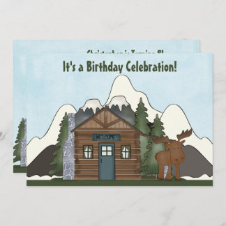 Niedliche Berghütte und Elche zum Geburtstag einla Einladung