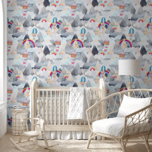 Niedliche Bergwelt Heißluftballon Kinderzimmer Tapete