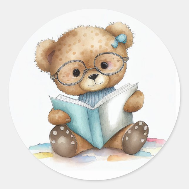 Niedliche Bibliotheksbücher Teddy Bear Runder Aufkleber (Vorderseite)