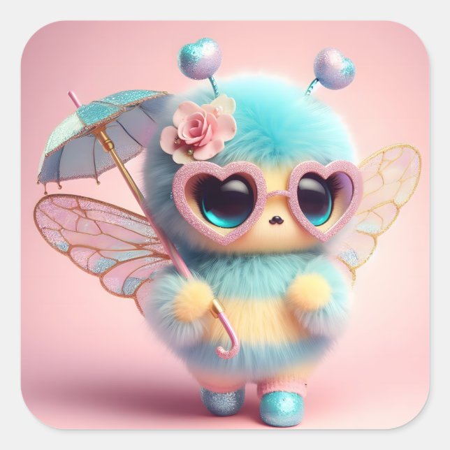 Niedliche Biene mit Schirm Quadratischer Aufkleber (Vorderseite)