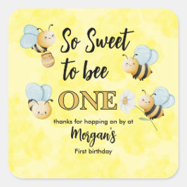 Niedliche Biene-One-Yellow-Black-Geburtstagsparty Quadratischer Aufkleber