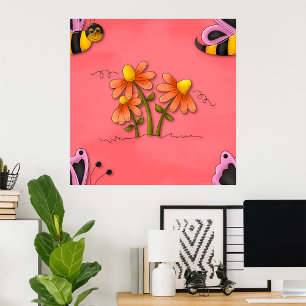 Niedliche Biene und Blume Rosa Frühlingspark Poster