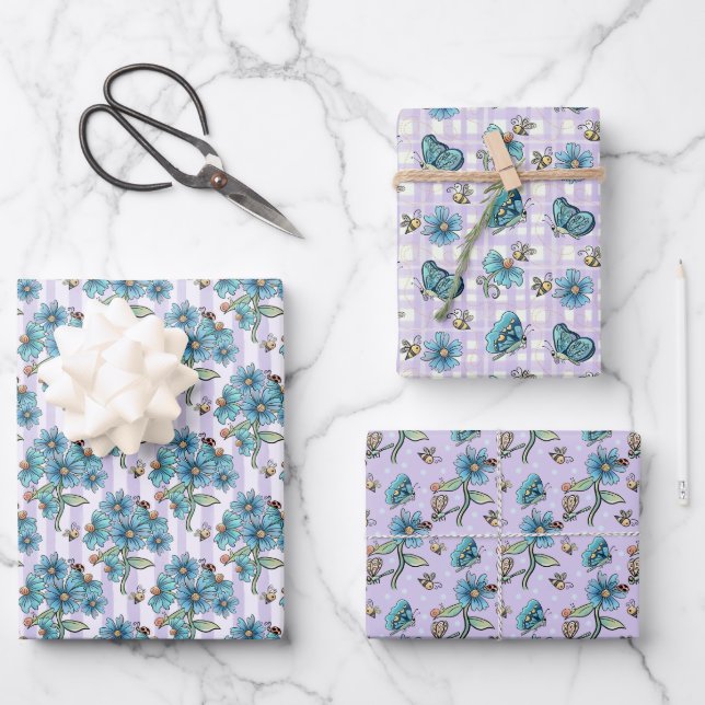 Niedliche Bienen, Schmetterlinge, Blume und Ladybu Geschenkpapier Set (Vorderseite)