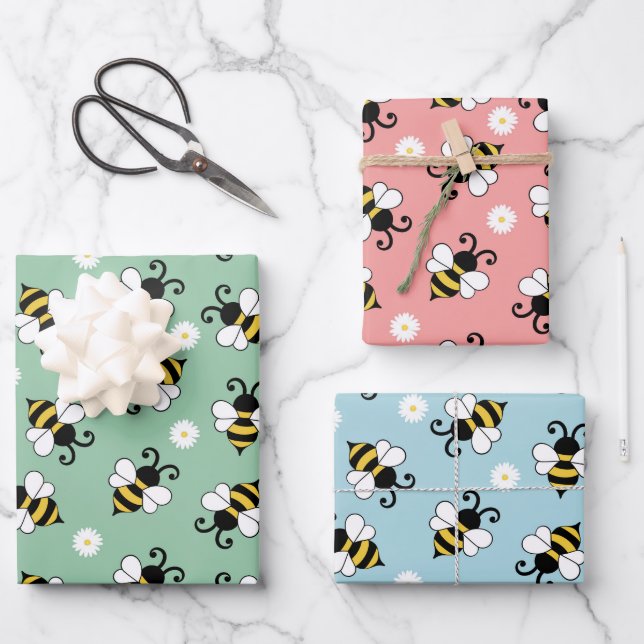 Niedliche Bienen und Blume Geschenkpapier Set (Vorderseite)