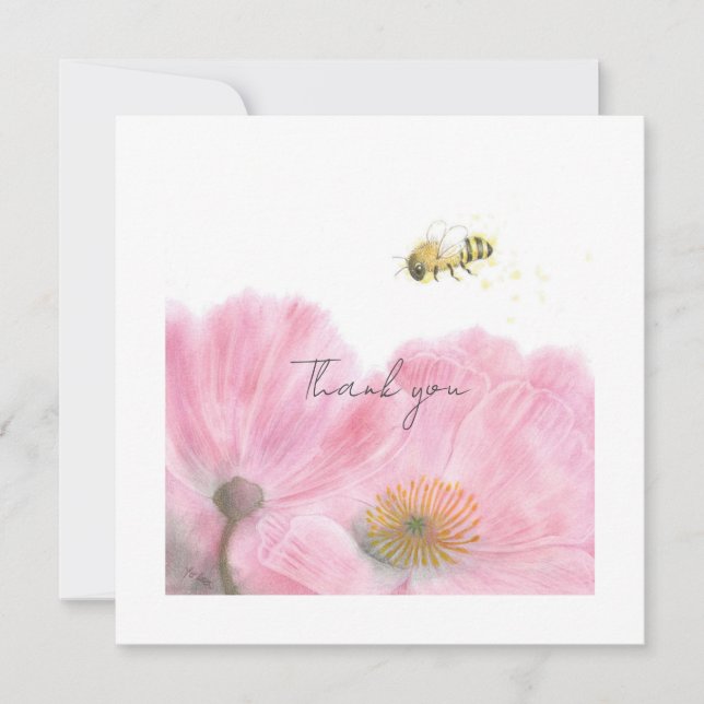 Niedliche Bienen und rosa Blume Flat Danke Karte (Vorderseite)