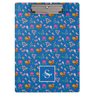 Niedliche Bienenmuster-Wildblumen Monogramm Name b Klemmbrett