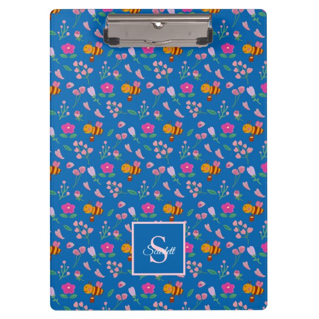 Niedliche Bienenmuster-Wildblumen Monogramm Name b Klemmbrett (Vorderseite)
