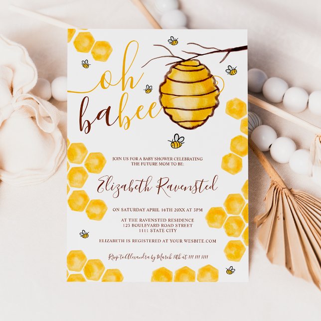 Niedliche Bienenwabendusche Einladung (Yellow honeycomb beehive watercolor baby shower invitation)