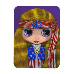 Niedliche Big Eye Hippie Girl-US Flagge der 60er J Magnet