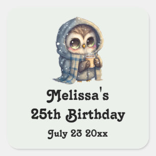 Niedliche Big-Mit Augen Owl mit einem Kaffee-Party Quadratischer Aufkleber