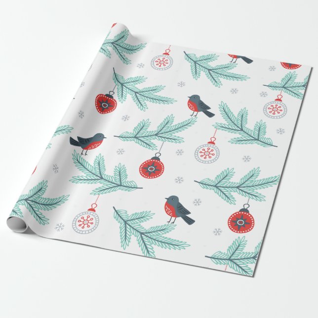 Niedliche Birds Weihnachtsball & Branches Muster Geschenkpapier (Ungerollt)