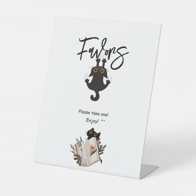 Niedliche Black Cat and Book Baby Shower Favoriten Sockelschild (Vorderseite)