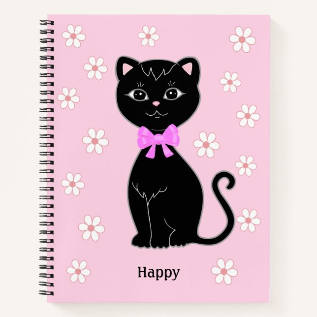 Niedliche Black Cat & Blume auf einem hellrosa Not Notizbuch (Vorderseite)