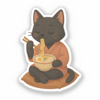 Niedliche Black Cat Eating Ramen Aufkleber