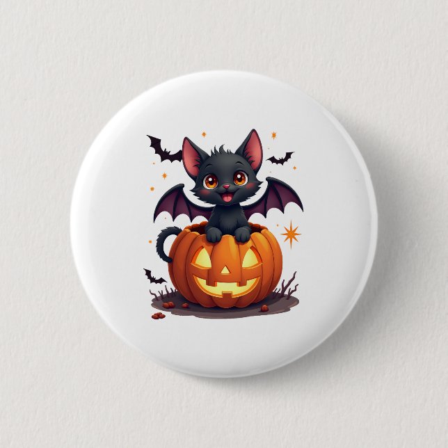 Niedliche Black Cat mit Bat Wings Kürbislaterne Button (Vorderseite)