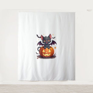 Niedliche Black Cat mit Bat Wings Kürbislaterne Wandteppich