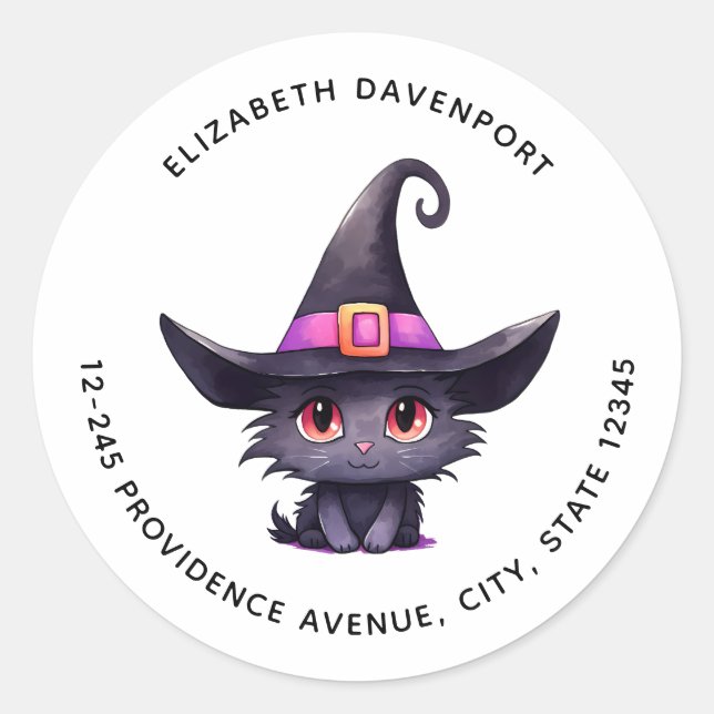 Niedliche Black Cat mit Hexenhutadresse Runder Aufkleber (Vorderseite)