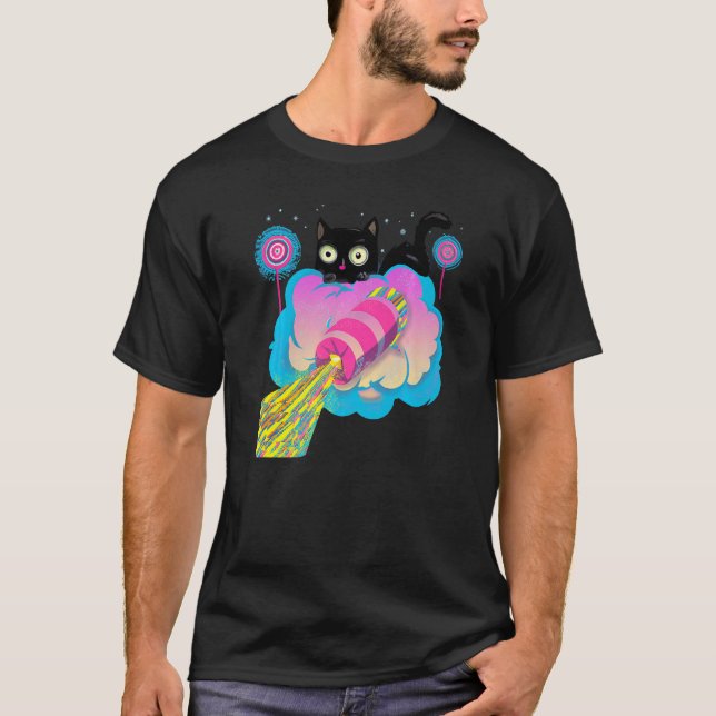 Niedliche Black Cat Space Rocket T-Shirt (Vorderseite)