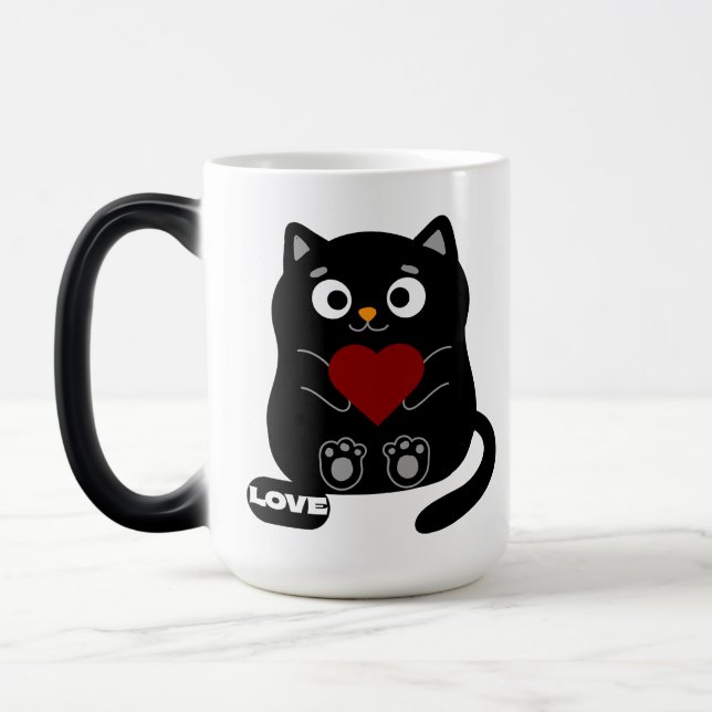 Niedliche Black Cat Tasse mit Rotem Herzen (Links)