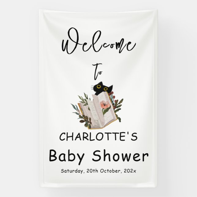 Niedliche Black Cat und Floral Book Baby Dusche Banner (Vertikal)
