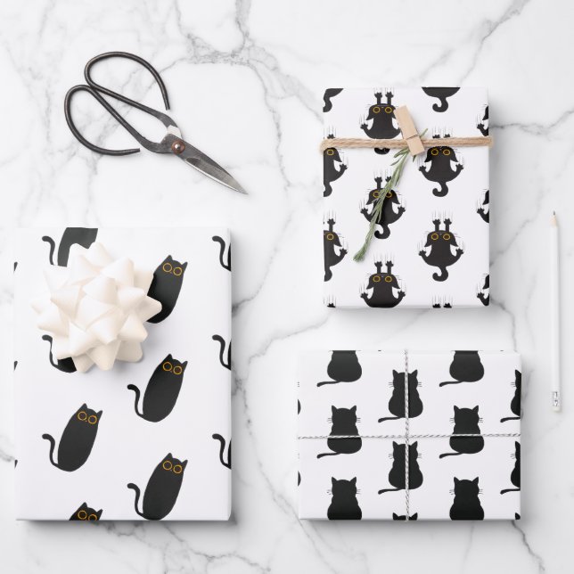 Niedliche Black Cat Wrapping Papers Geschenkpapier Set (Vorderseite)