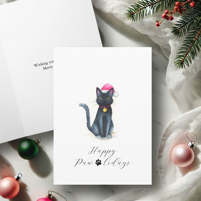 Niedliche Black Cat Xmas Cards Feiertagskarte (Black cat Christmas cards watercolor art by Victoria Grigaliunas of Do Tell A Belle)