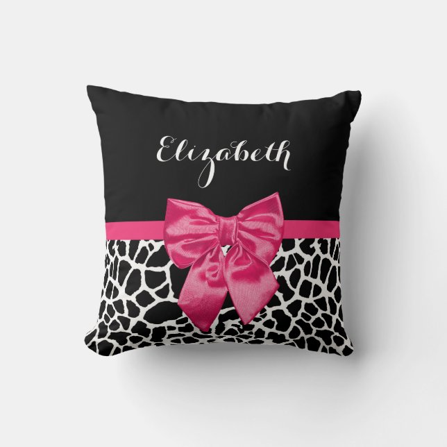 Niedliche Black Giraffe Print Girly Pink Bow und N Kissen (Vorderseite)