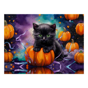 Niedliche Black Kitten Pumpkins und Ribbon Poster