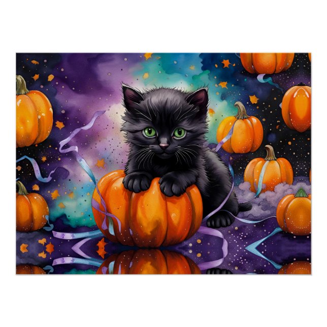 Niedliche Black Kitten Pumpkins und Ribbon Poster (Vorderseite)