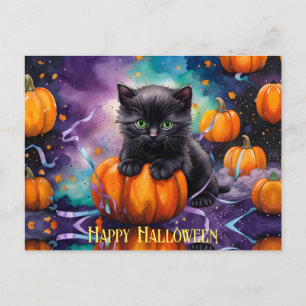 Niedliche Black Kitten Pumpkins und Ribbon Postkarte