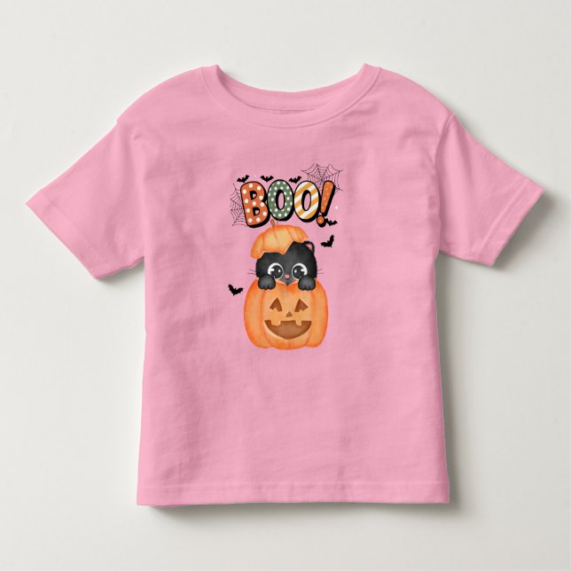 Niedliche Black Kitten Ready to Boo Halloween Kleinkind T-shirt (Vorderseite)