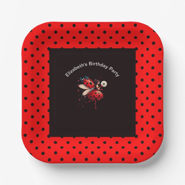 Niedliche Black & Red Ladybug Fairy Birthday Party Pappteller (Vorderseite)