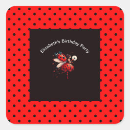 Niedliche Black & Red Ladybug Fairy Birthday Party Quadratischer Aufkleber