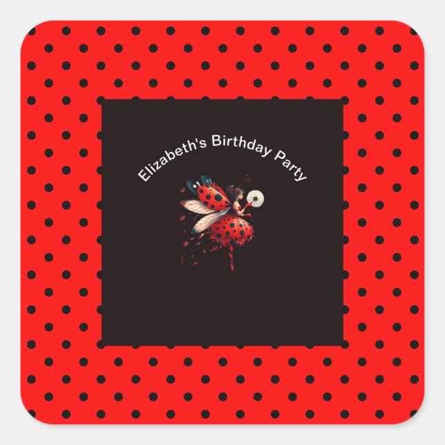 Niedliche Black & Red Ladybug Fairy Birthday Party Quadratischer Aufkleber (Vorderseite)