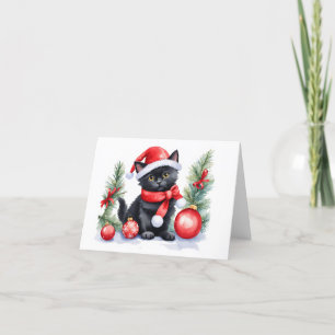 Niedliche Black Santa Kitten mit Weihnachtsballen  Feiertagskarte
