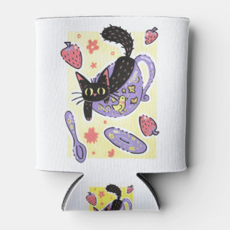 Niedliche Black Teacup Kitty und Erdbeeren Dosenkühler