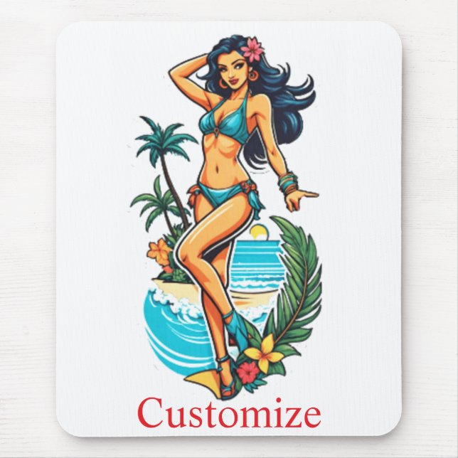 Niedliche Blackhaired Bikini Beach Girl Thunder_Co Mousepad (Vorne)