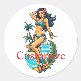 Niedliche Blackhaired Bikini Beach Girl Thunder_Co Runder Aufkleber
