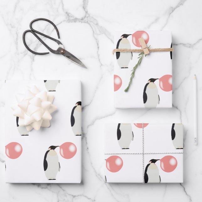 Niedliche Blase Gum Pinguin Blasen Blase Geschenkpapier Set (Vorderseite)