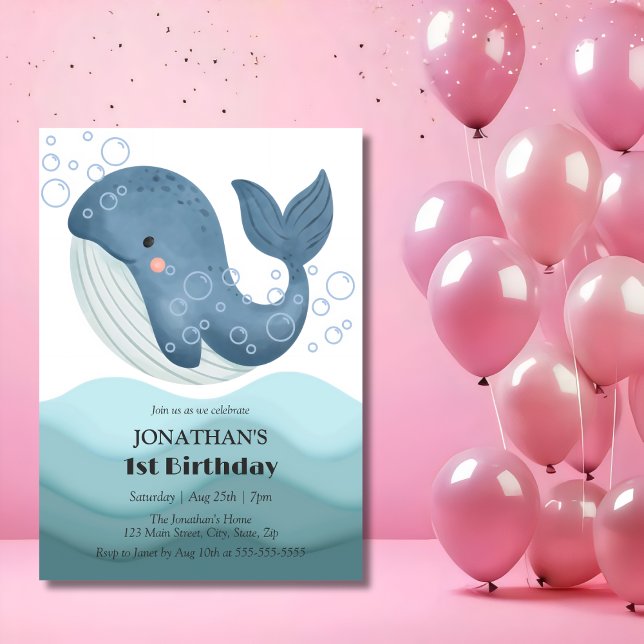 Niedliche Blase Whale Ocean Wave Geburtstag Einladung (Von Creator hochgeladen)