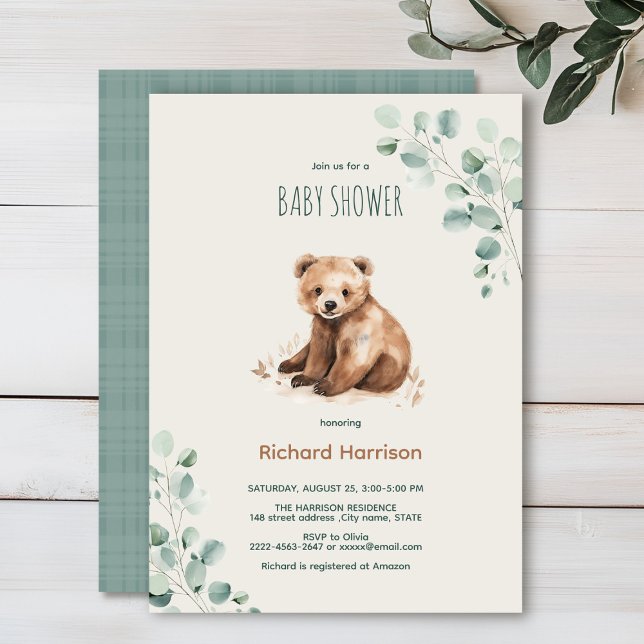 Niedliche Blätter aus dem Wald sind mit einer Baby Einladung (Watercolor bear sage green beige eucalyptus Minimalistic watercolor gender neutral baby shower)