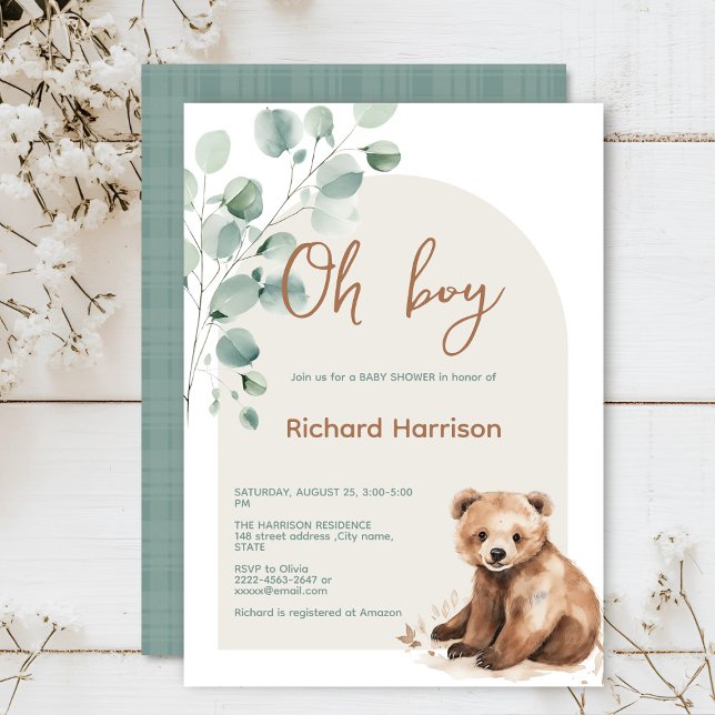 Niedliche Blätter aus dem Wald sind mit einer Baby Einladung (Watercolor bear sage green beige eucalyptus Minimalistic watercolor gender neutral baby shower)