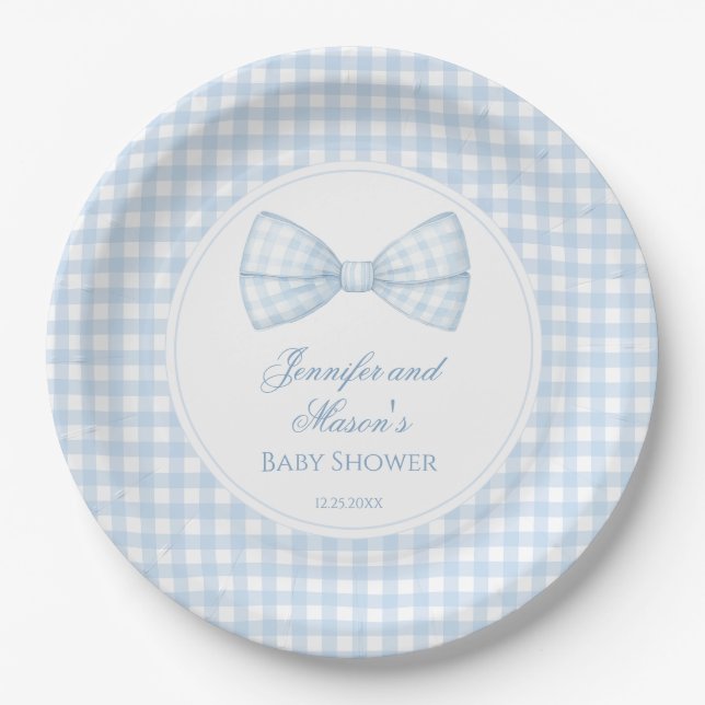 Niedliche, blaue Bogen-Krawatte Boho Babydusche Pappteller (Vorderseite)