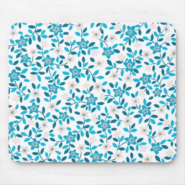 Niedliche, blaue Federblumenmuster Mousepad (Vorne)
